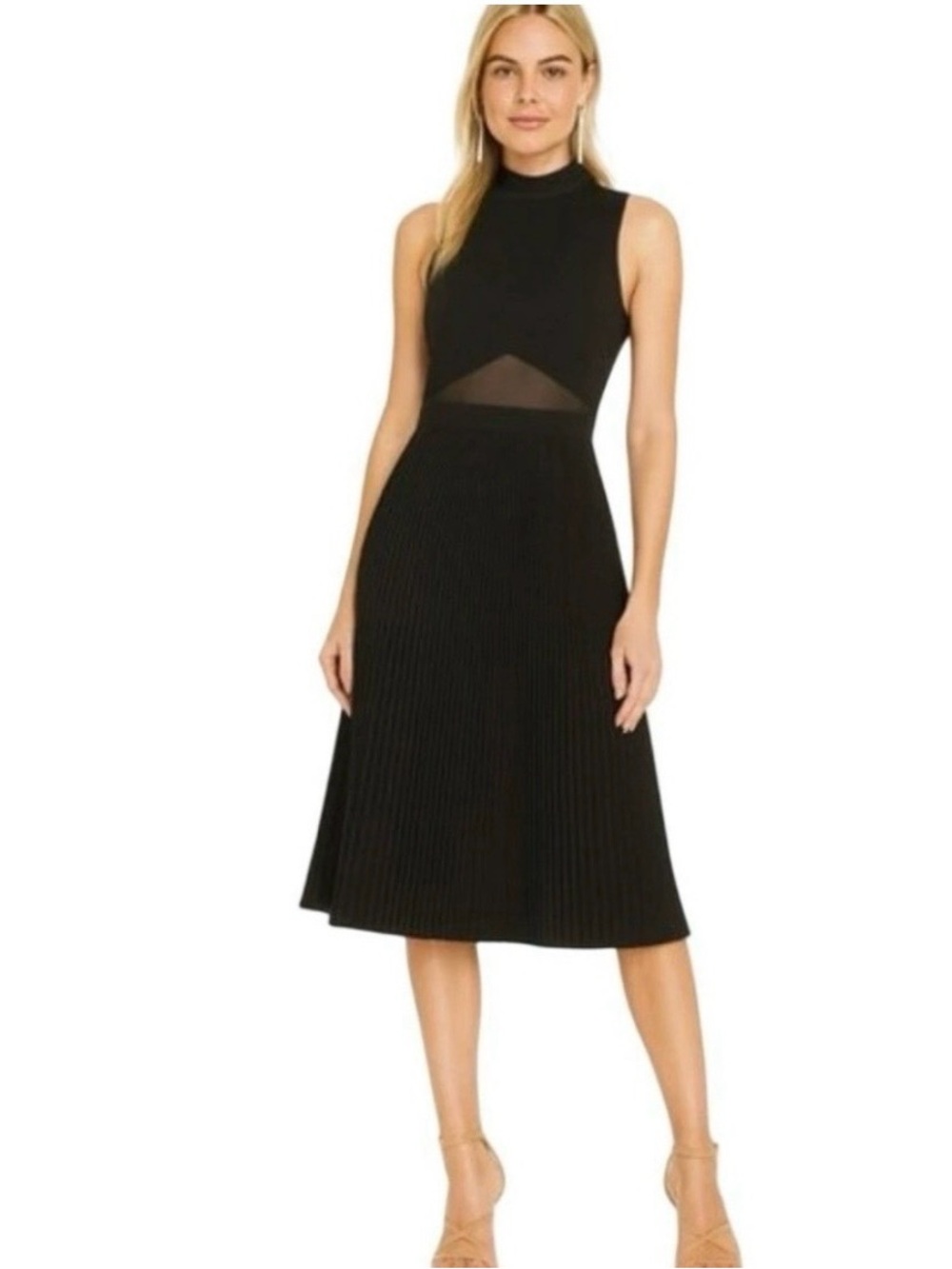 Ruche Black Sleeveless Midi Dress with Midriff Cutout and Pleated Skirt